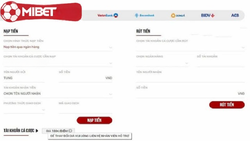 Sử dụng tài khoản ngân hàng để gửi tiền vào Mibet